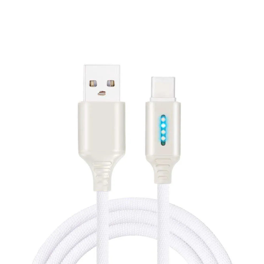 Black woven fabric braided USB fast charging cable with Type-C connector, 1 metre long.