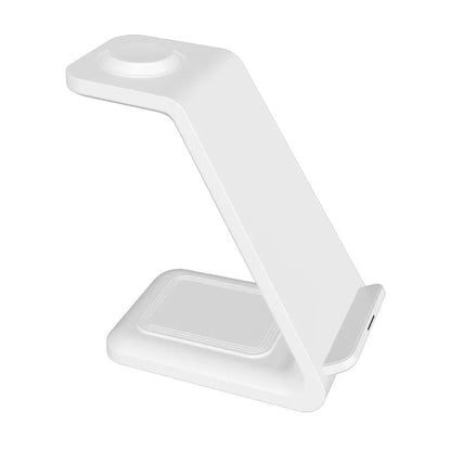 White 3-in-1 wireless charger with upright phone holder charging smartphone, earbuds, and smartwatch simultaneously
