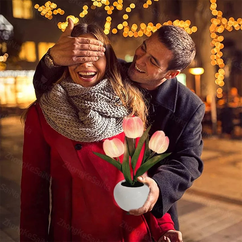 LED Tulip Night Light in ceramic pot with warm glow for home decoration