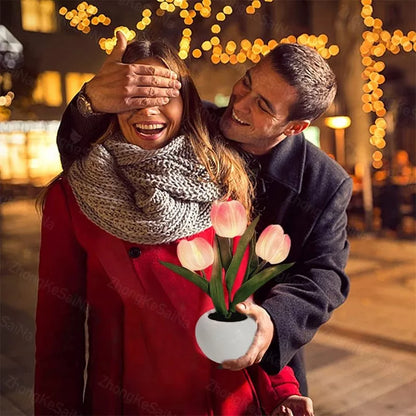 LED Tulip Night Light in ceramic pot with warm glow for home decoration