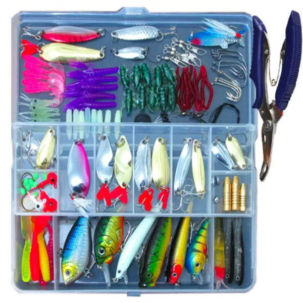 Lure Suit 132-piece fishing bait set with soft plastic lures and high-carbon steel hooks in a compact case