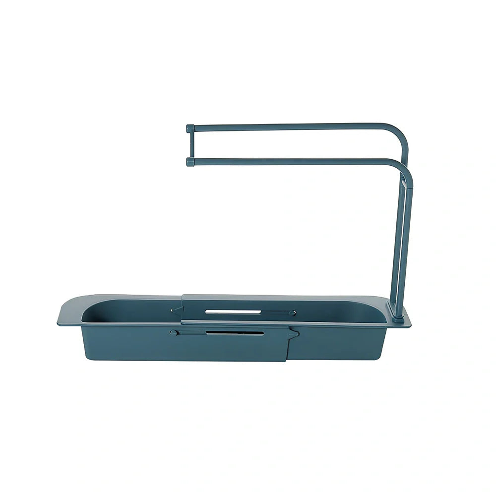 Blue telescopic sink rack holder with double-layer storage and drainage holes, mounted above kitchen sink