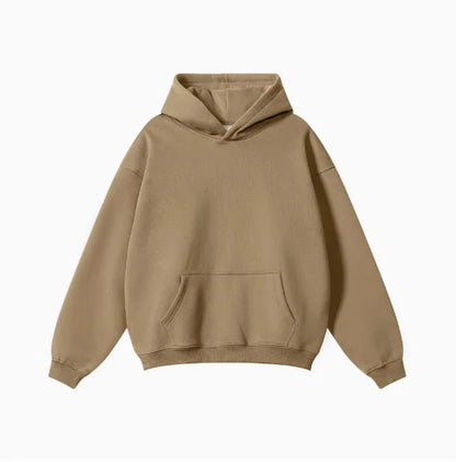 Men's grey terry hooded sweater with drop-shoulder sleeves and front pocket, showing textured cotton fabric