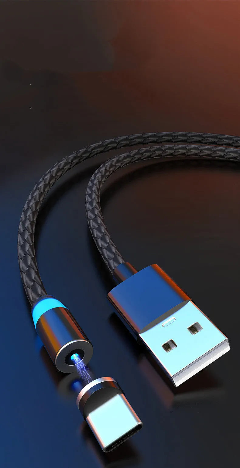 Magnetic data cable with breathing light indicator in multiple colours, showing Apple, Android and USB-C magnetic head options