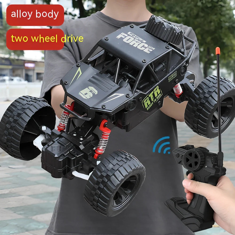 Children's remote control car with six wheels and 38cm climbing capability in black, gold, or red colours