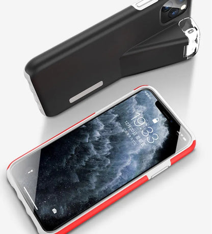 Black matte acrylic and silicone 2-in-1 case holding an iPhone and an AirPods charging case.