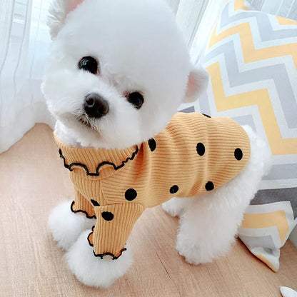 Polka dot turtleneck dog shirt in cotton, available in yellow, pink, and green