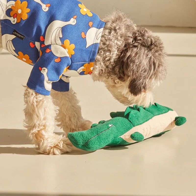 Green plush toy dog measuring 35cm with durable construction for pet play