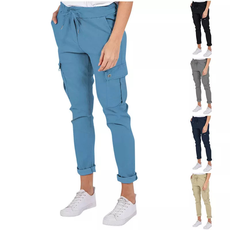 Women's casual cargo pants in royal blue, navy blue, and apricot with drawstring waist and multiple pockets