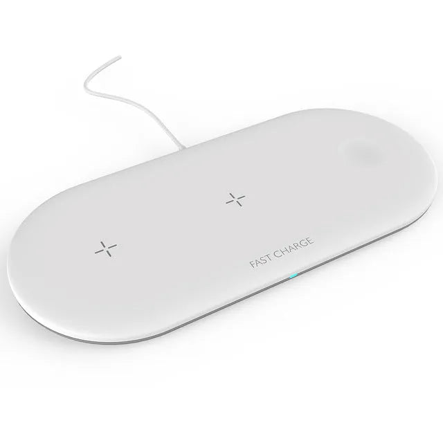 Black and white three-in-one desktop wireless charger for Apple iPhone, Watch, and headphones.
