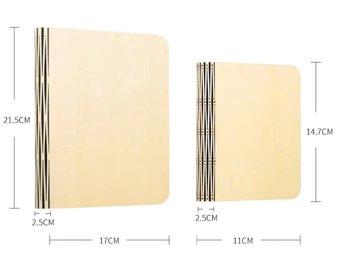 Solid wood USB book light in three sizes showing white and warm white light options.