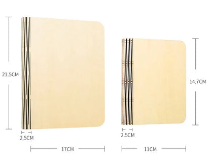 Solid wood USB book light in three sizes showing white and warm white light options.