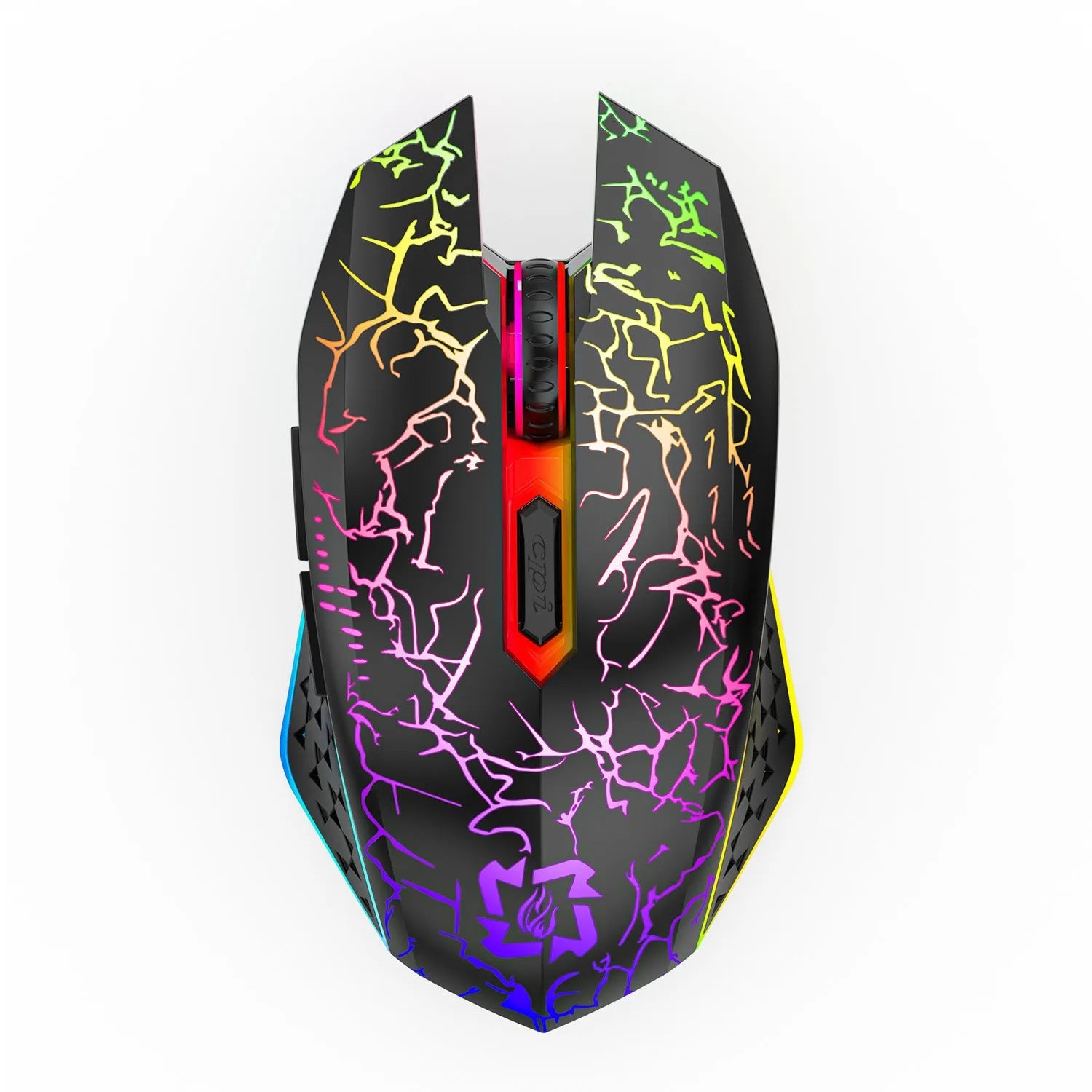 Black and White wireless gaming mouse with RGB lighting effects on desktop