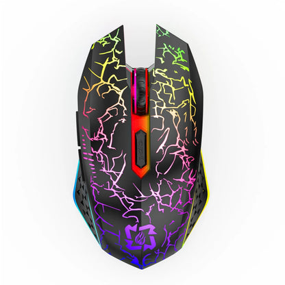 Black and White wireless gaming mouse with RGB lighting effects on desktop