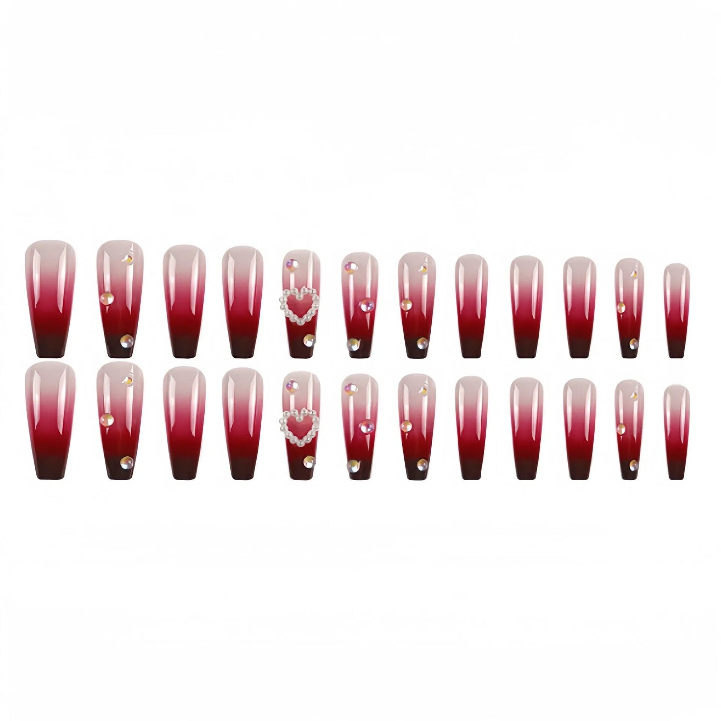 Set of long ballet-style fake nail tips with wine red gradient, white plaid pattern, and pearl heart decorations
