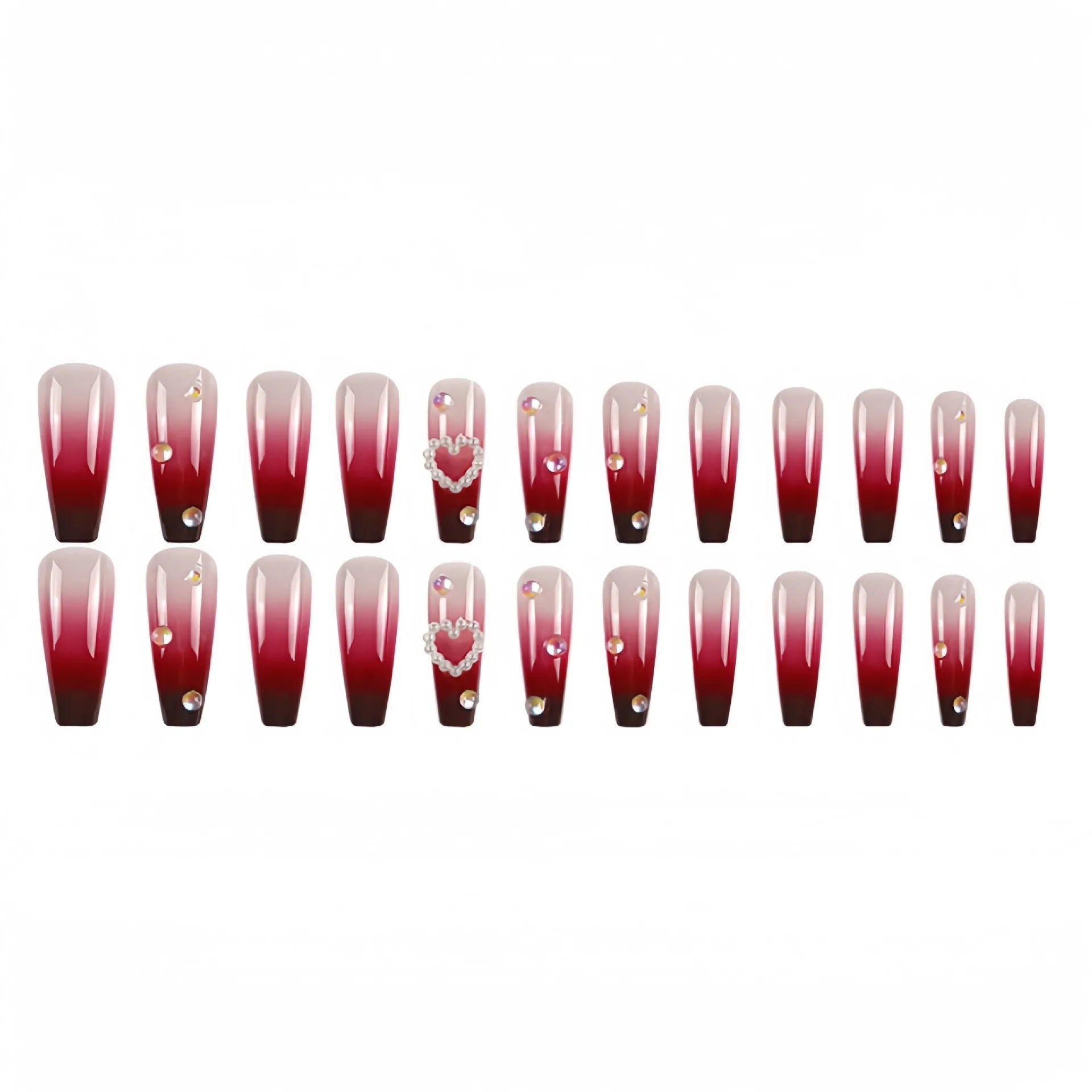 Set of long ballet-style fake nail tips with wine red gradient, white plaid pattern, and pearl heart decorations
