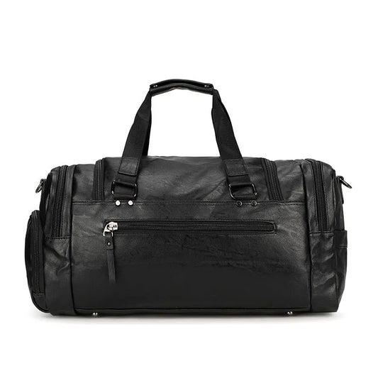 Black travel bag with shoe compartment showing 52cm height, 19cm width, and 27cm depth dimensions