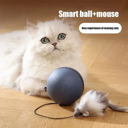 Automatic intelligent rolling ball pet toy with plush mouse attachment for cats and dogs