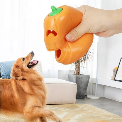 Yellow TPR pumpkin-shaped durable chew toy for aggressive dogs and teething puppies.