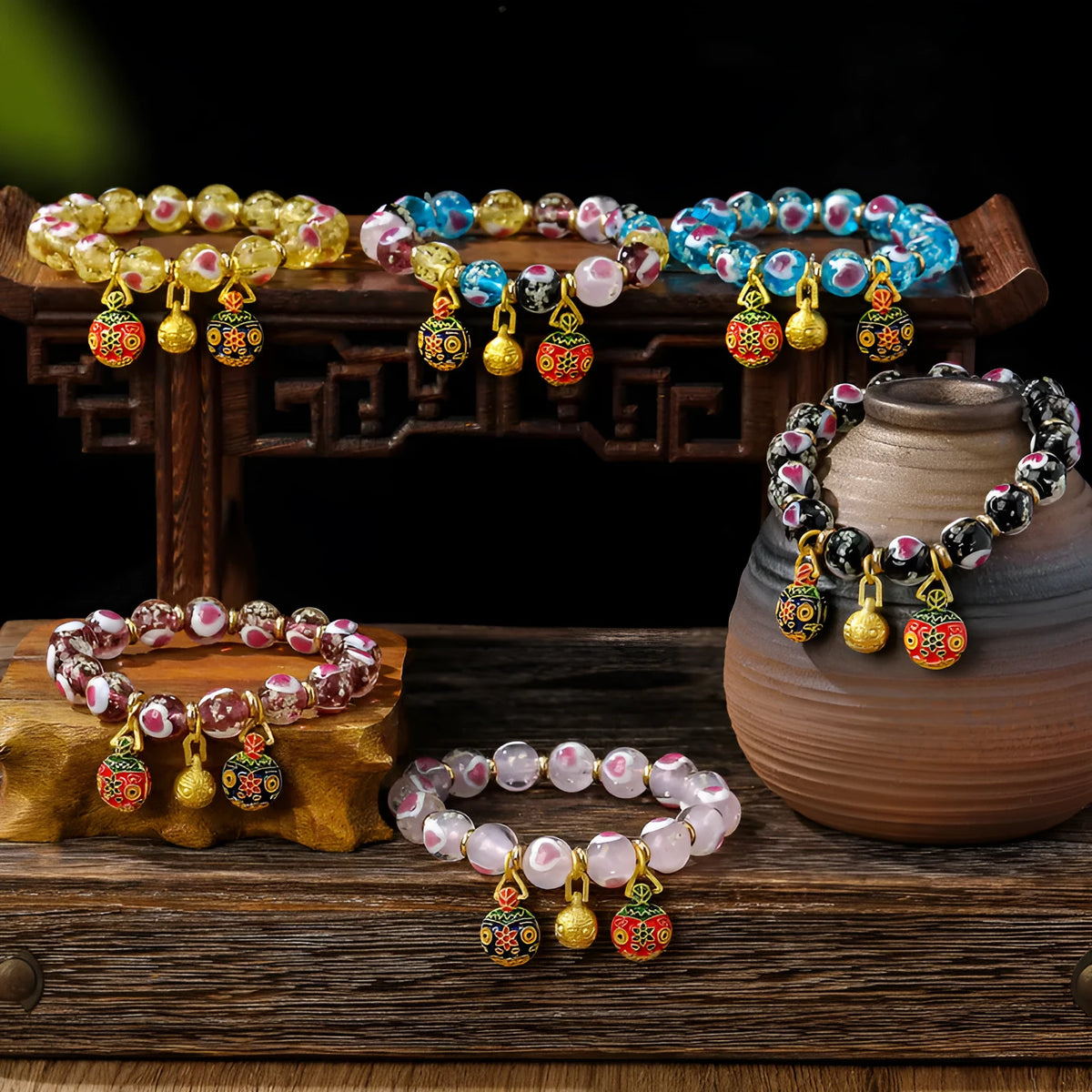 Handmade glass bracelet with 10mm swallowing gold beast cherry blossom heart charm in six colour options