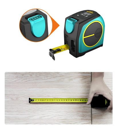 2-in-1 laser tape measure tool with extended tape and magnetic hook for metal surfaces