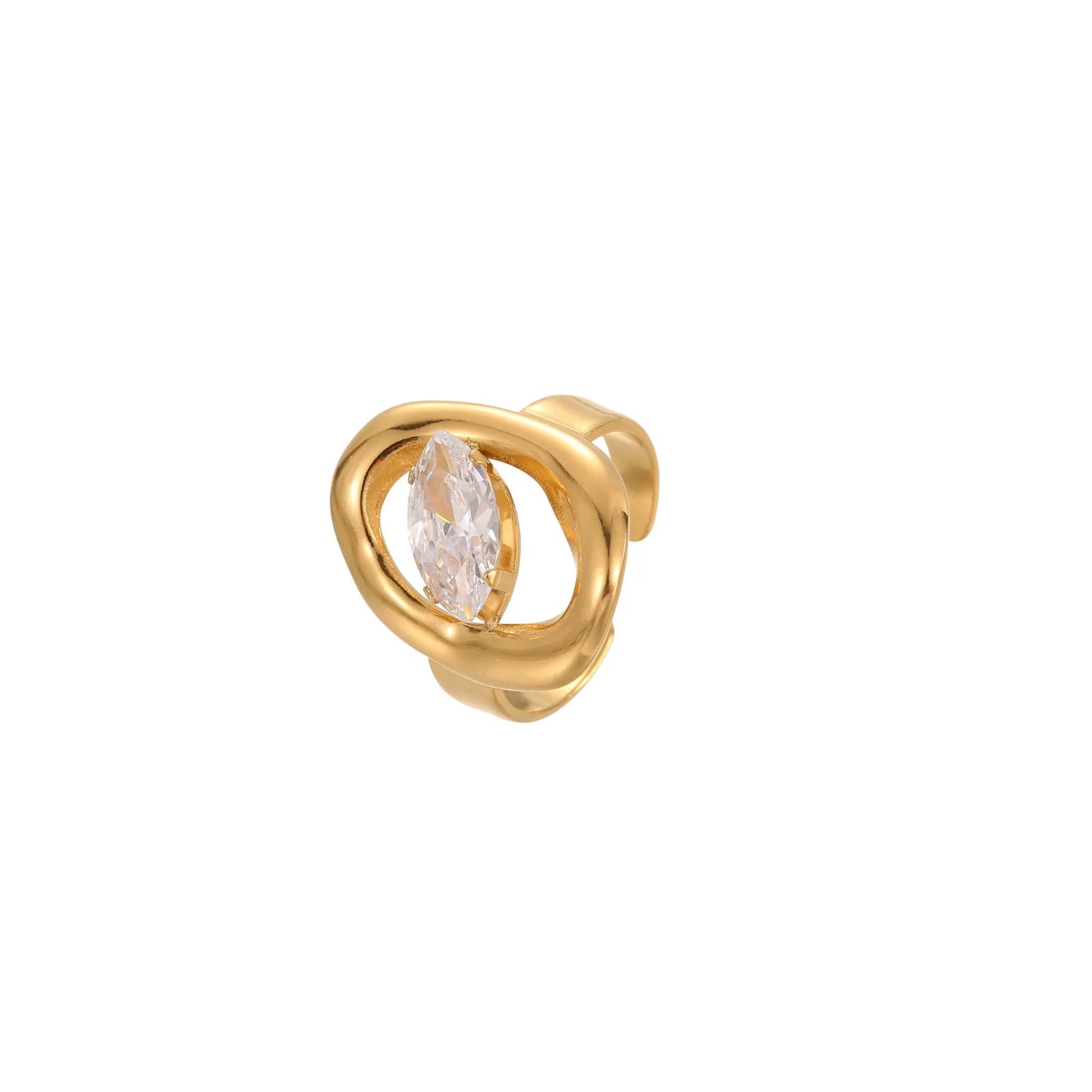 Geometric zircon ring showing round, oval and quadrangular design elements in stainless steel with electroplated finish