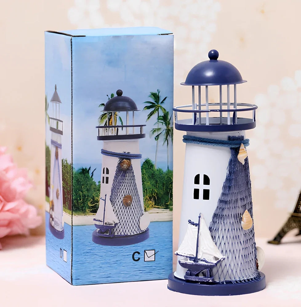 Solar-powered tin lighthouse garden statue with flashing LED light in three sizes