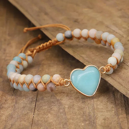 Adjustable heart charm bracelet with blue-green amazonite stones and braided macrame wristband