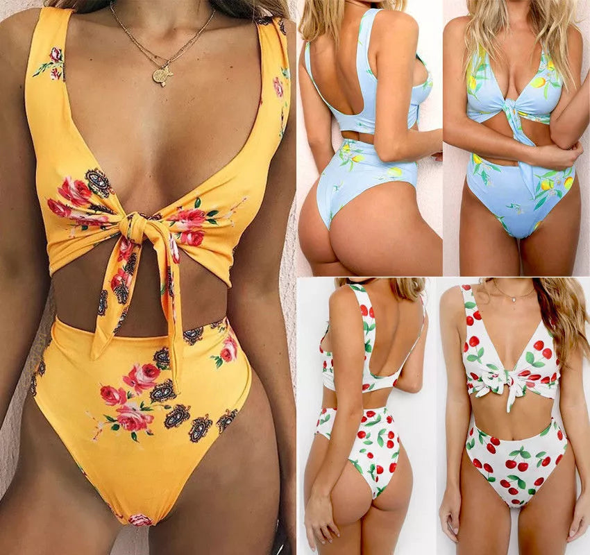 Double-sided knotted bikini swimsuit in yellow, orchid, and white floral patterns