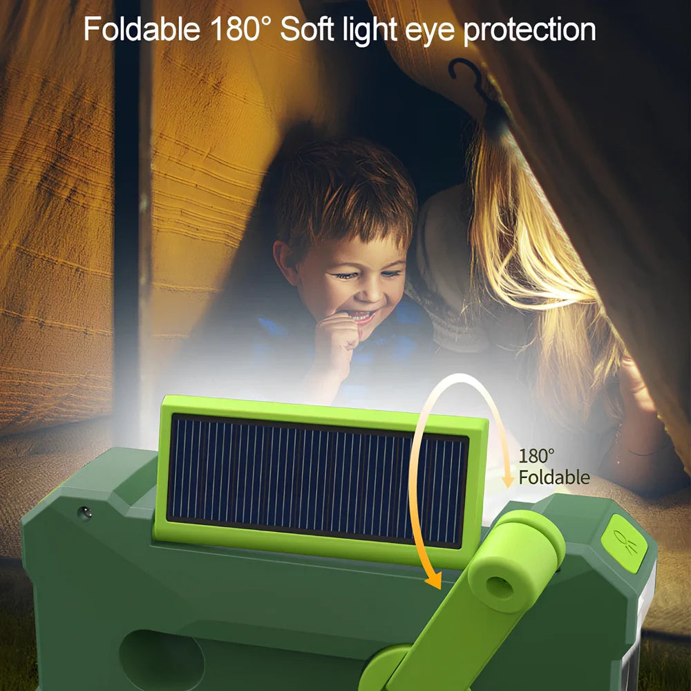 Green 3-in-1 portable emergency radio with hand crank, solar panel, reading lamp, and telescopic antenna
