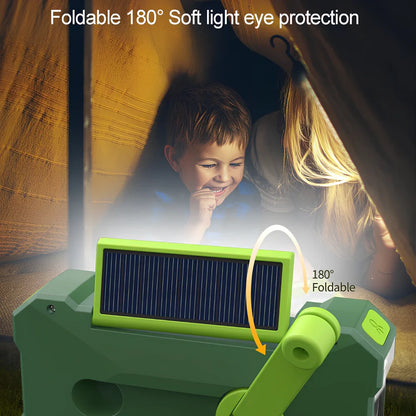 Green 3-in-1 portable emergency radio with hand crank, solar panel, reading lamp, and telescopic antenna