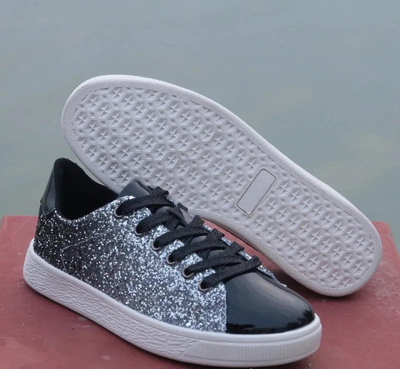 Women's colourful sequin casual low-top shoes in black, pink, and gold colours with lace-up front