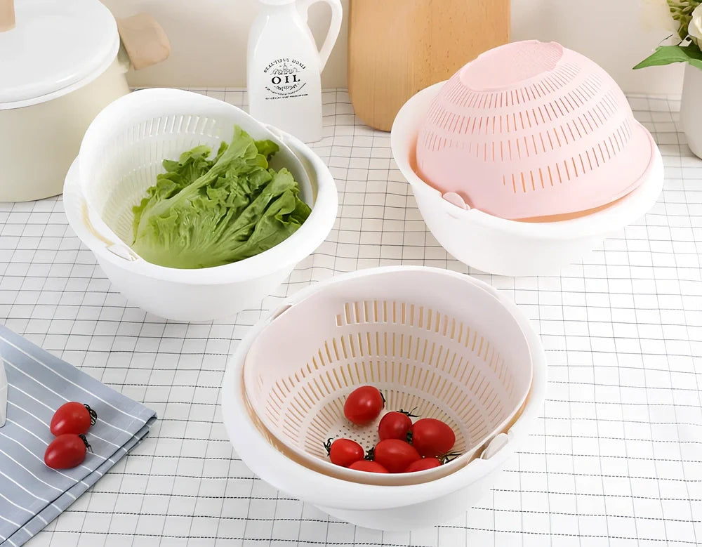 Double-dish sink drain basket with 30cm upper tier and 25cm lower tier in apricot colour