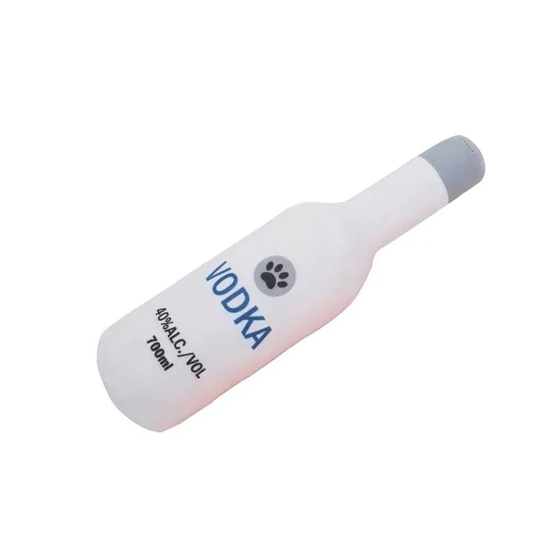 Plush wine bottle pet toy for dogs and cats in six colour variations
