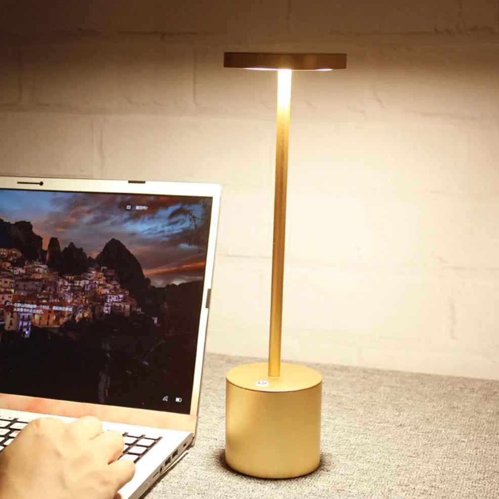 Gold LED table lamp with 38.5cm aluminium body and acrylic shadow showing 20 LED beads