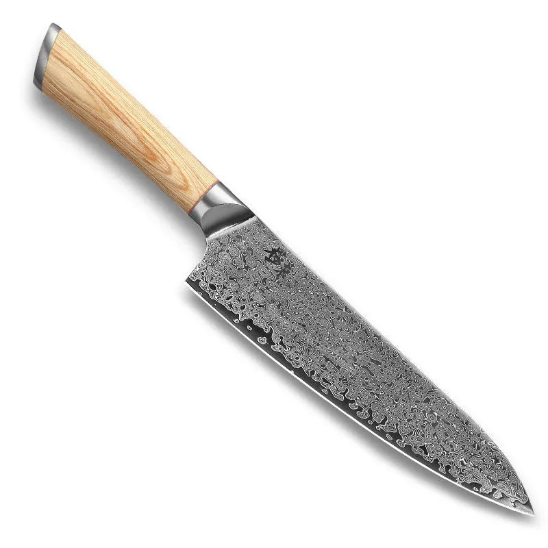 Damascus pattern kitchen knife set with eight stainless steel blades in various sizes