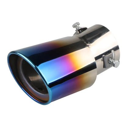 Stainless steel car exhaust tailpipe in straight and curved styles with baked blue, silver, and colourful finishes.