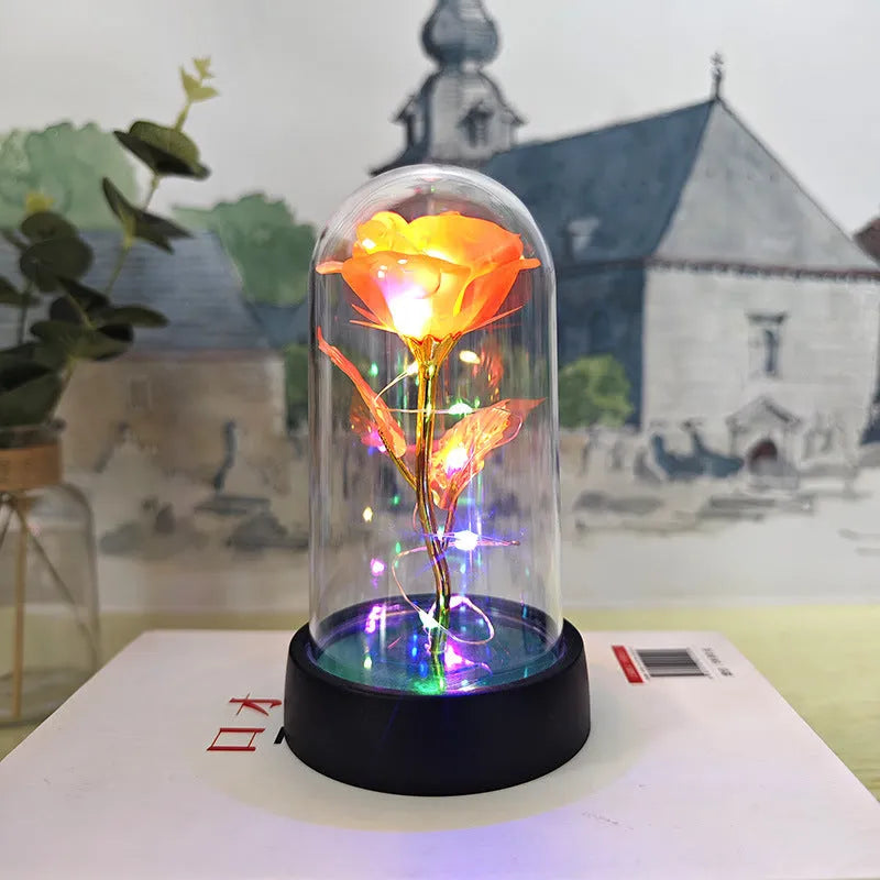 Glass cover small night lamp with plastic flowers, 15cm height, black base, and multiple light colour options