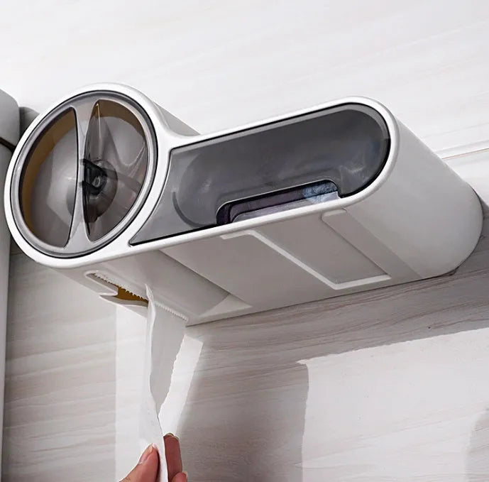 White plastic clamp-on bathroom toilet paper holder with curved design