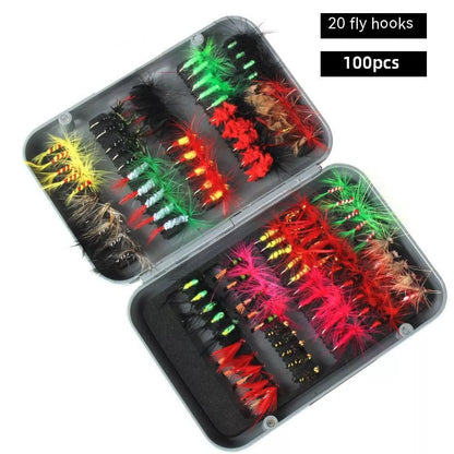Fishing Gear 100 Fly Bait Set with real feathers for authentic movement