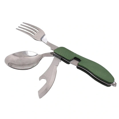 Green multi-functional 4-in-1 folding knife in stainless steel, showing folded knife, spoon, removable fork, and bottle opener for outdoor use