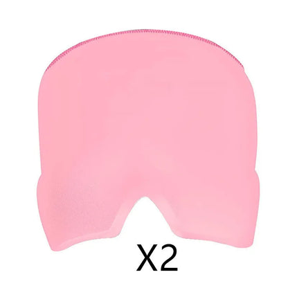 Black elastic gel headache relief mask laid flat showing eye contours and adjustable headband.