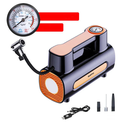 Cordless portable car tyre inflator pump with digital LCD display on black ABS plastic body