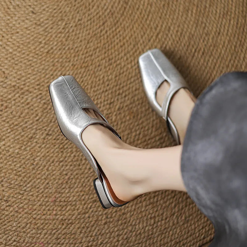 Low heel square toe outdoor slippers in artificial PU material with rubber sole