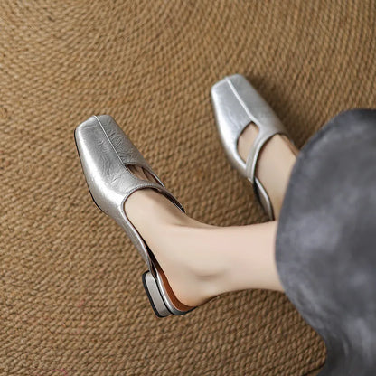 Low heel square toe outdoor slippers in artificial PU material with rubber sole