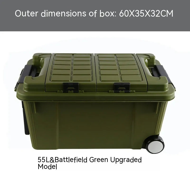 Large orange plastic storage box with black wheels and a pull-up handle, shown in a garage setting.