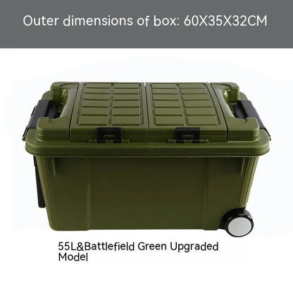 Large orange plastic storage box with black wheels and a pull-up handle, shown in a garage setting.