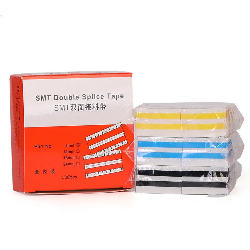 Reels of yellow, black, blue, and beige double-sided splicing tape for SMT placement machines in various widths.