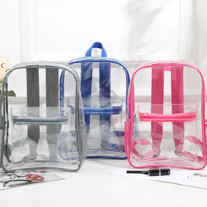 Transparent PVC travel backpack showing contents through clear material with 50 litre capacity