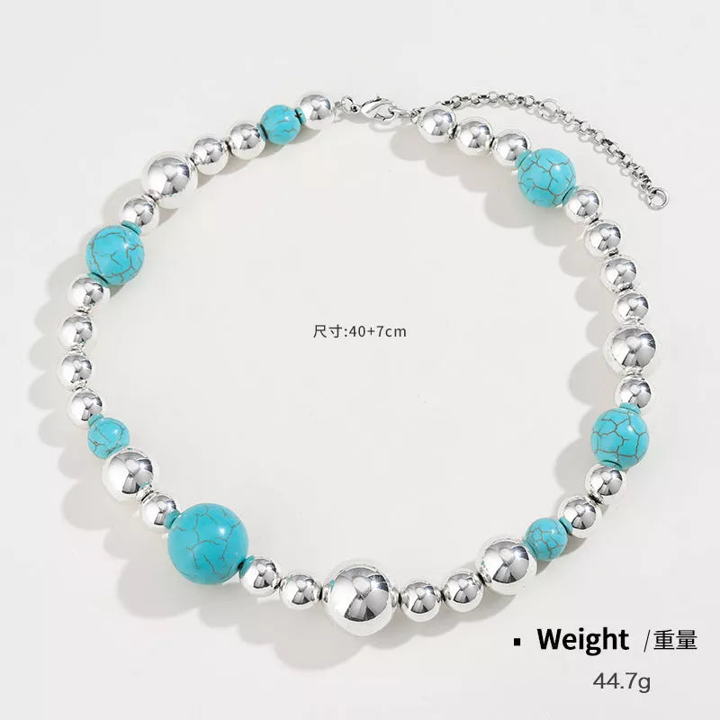 Turquoise beaded necklace and bracelet set for women, European and American style